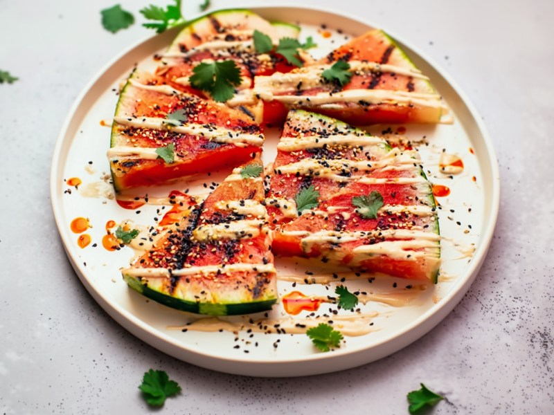 Ein Teller mit einigen Vierteln gegrillter Wassermelone, die mit Tahini, Chiliöl, schwarzem Sesam und frischem Koriander garniert ist.