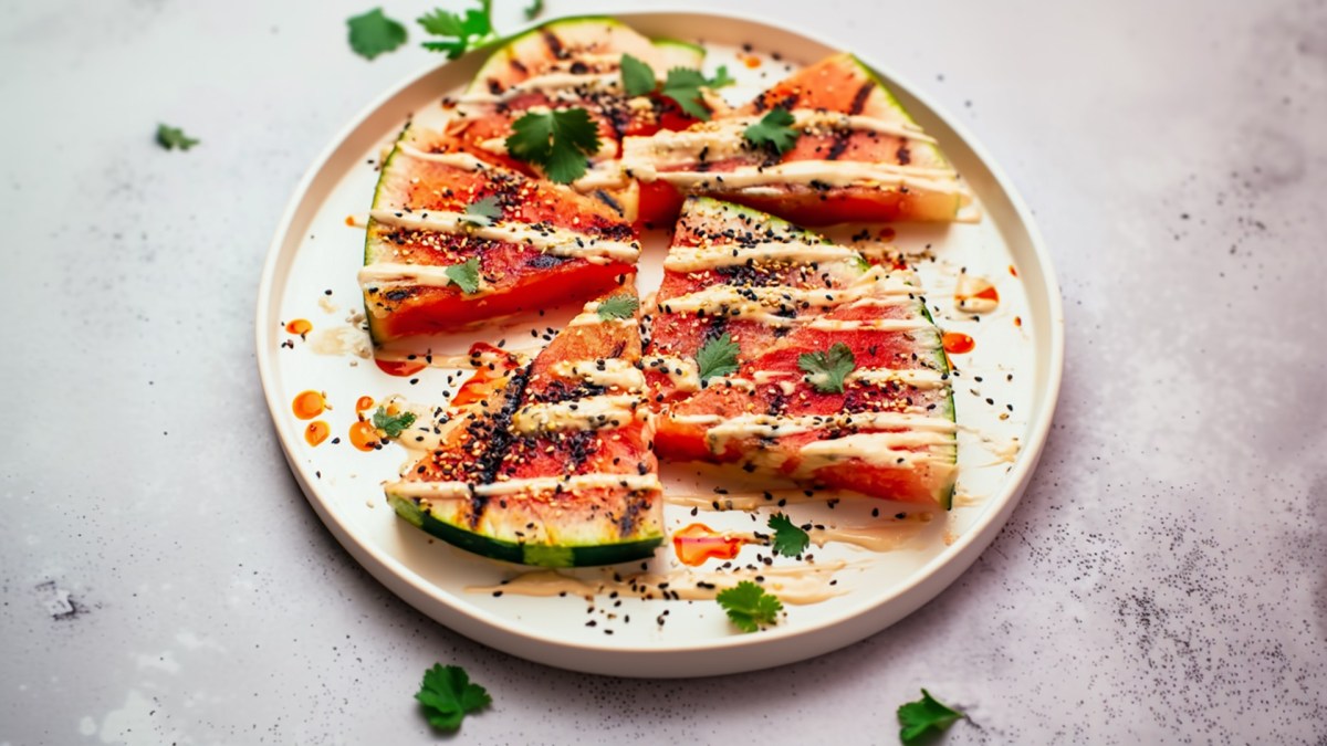 Ein Teller mit einigen Vierteln gegrillter Wassermelone, die mit Tahini, Chiliöl, schwarzem Sesam und frischem Koriander garniert ist.