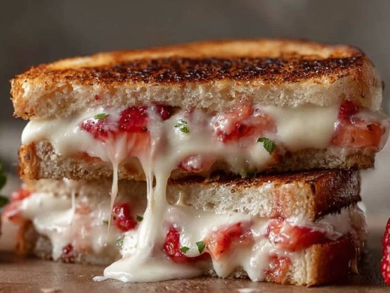 Zwei aufgeschnittene gegrillte Erdbeer-Käse-Sandwiches auf einem Tisch