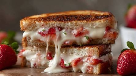 Zwei aufgeschnittene gegrillte Erdbeer-Käse-Sandwiches auf einem Tisch