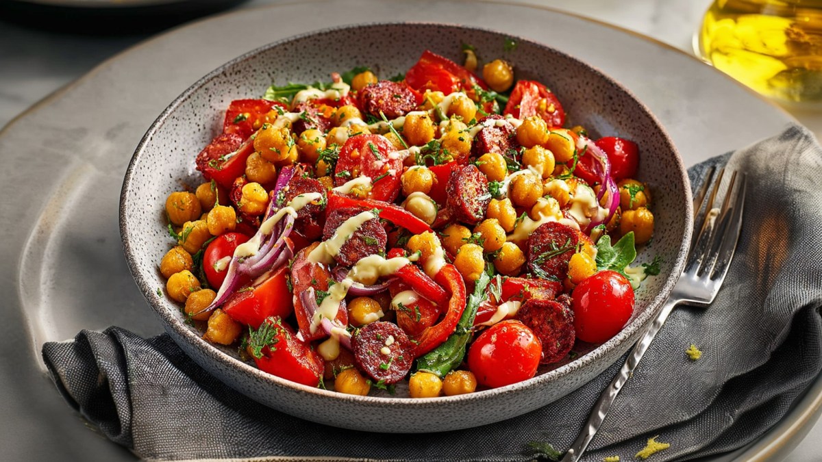 Ein großer tiefer Teller mit geröstetem Kichererbsensalat mit Chorizo. Der Teller steht auf einem größeren Teller. Außerdem liegt dort eine Gabel auf einer Stoffserviette.