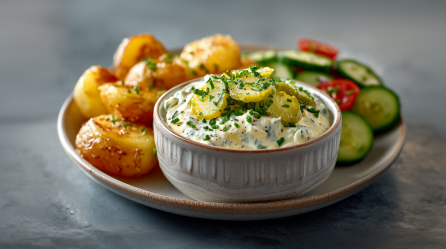 Ein Teller mit einer Schale mit Gewürzgurken-Dip, Kartoffeln und Salat.