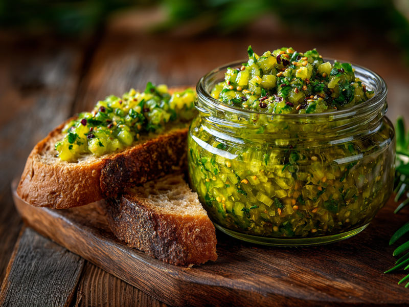 Ein Glas mit Gewürzgurken Relish auf einem Holzbrett. Daneben liegen zwei Scheiben Brot. Eine ist mit etwas Relish bestrichen.