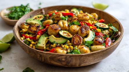 Ein große Holzschüssel mit Gnocchi-Salat mit gegrilltem Gemüse, der aus roter Paprika, Zucchini, Mais, Avocado und Koriander besteht. Im Hintergrund kann man Limettenstücke sowie eine Schale mit Koriander erkennen.