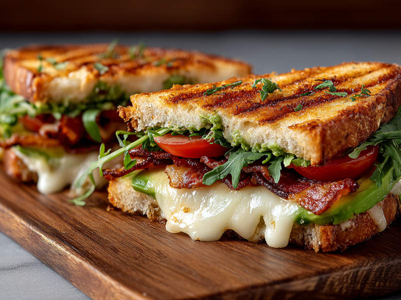 Zwei Grilled-Cheese-Sandwiches mit Bacon und Avocado auf einem Holzbrett. Geschmolzener Käse läuft aus ihnen heraus.