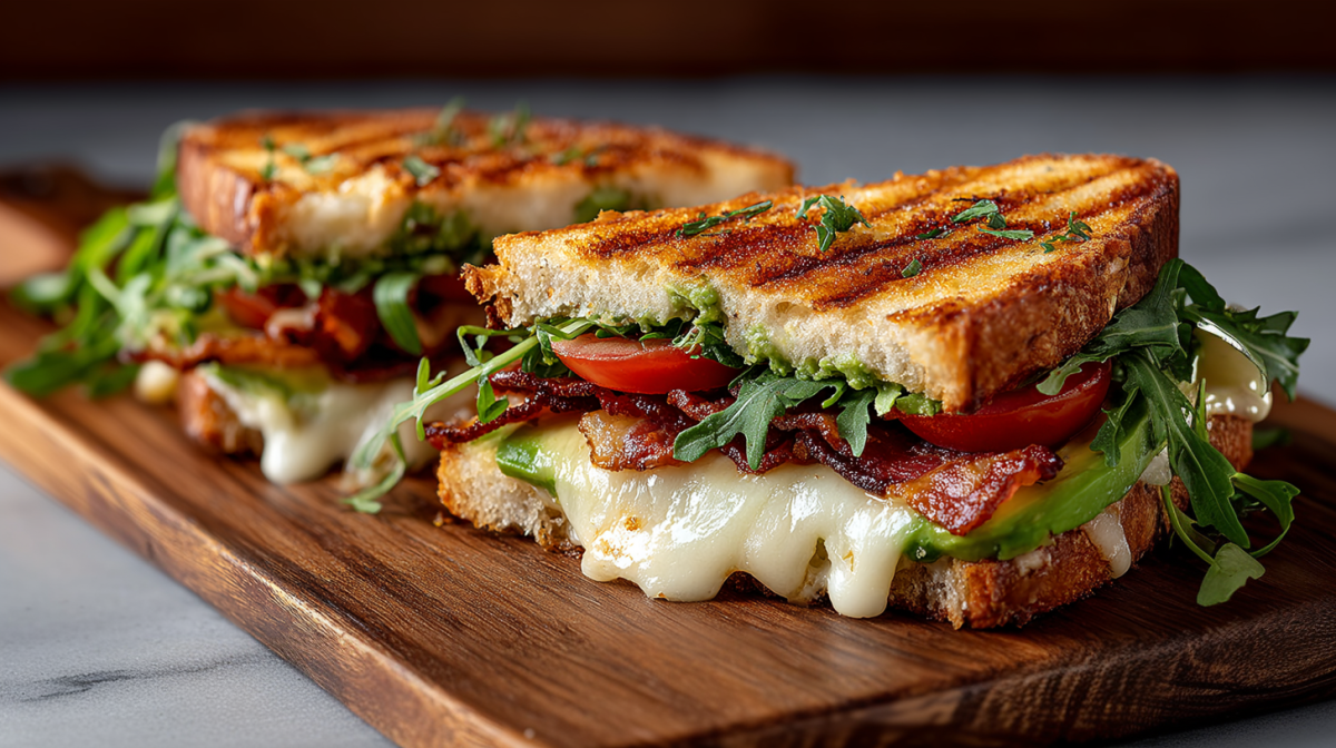 Zwei Grilled-Cheese-Sandwiches mit Bacon und Avocado auf einem Holzbrett. Geschmolzener Käse läuft aus ihnen heraus.