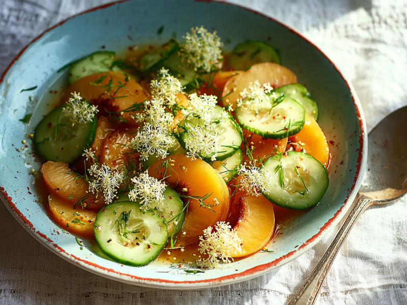 Gurken-Pfirsich-Salat mit Holunderblüten in einer hellblauen Schüssel.