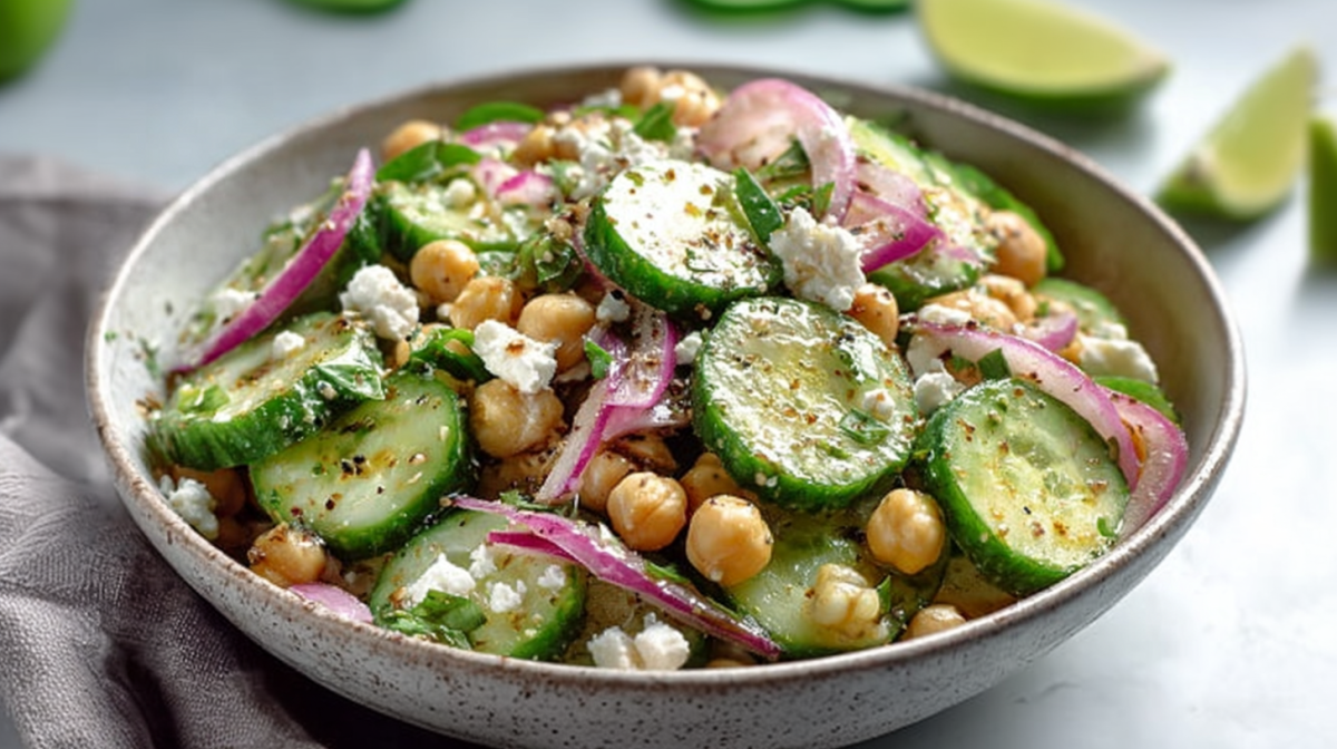 Eine Schale mit Gurkensalat mit Kichererbsen und Feta.