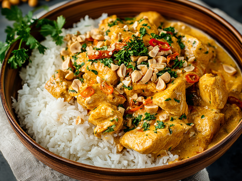 Hähnchen-Erdnuss-Curry mit Reis in einer Holzschüssel.