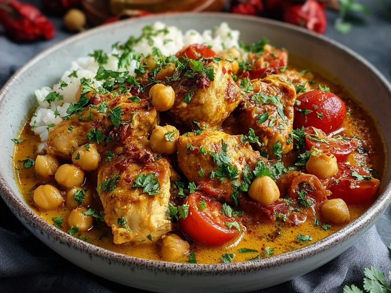 Pfanne mit Hähnchen-Kichererbsen-Curry