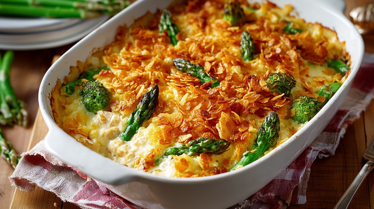 Hähnchen-Reisauflauf mit Spargel in einer Auflaufform mit einer Cornflakeskruste.