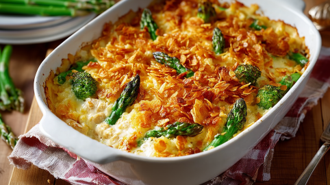 Hähnchen-Reisauflauf mit Spargel in einer Auflaufform mit einer Cornflakeskruste.