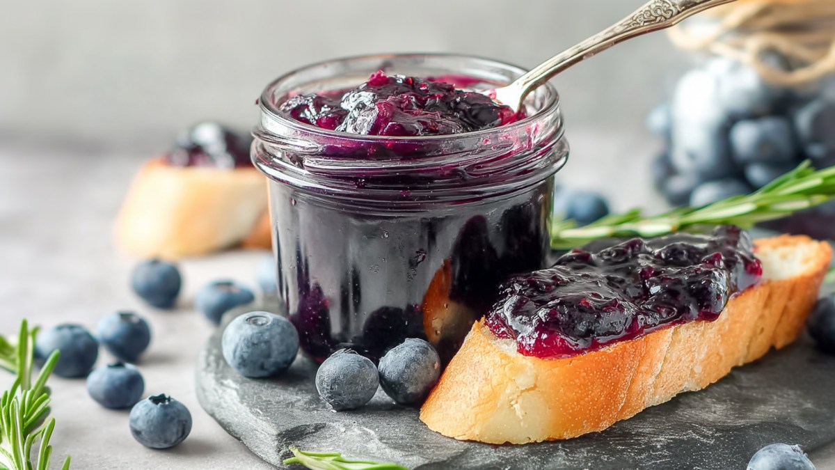 Ein Einmachglas mit herzhafter Blaubeer-Zwiebel-Marmelade, in der ein Löffel steckt. Neben dem Glas liegt eine Scheibe Baguette, die mit der Marmelade bestrichen ist. Ringsum liegen einzelne Blaubeeren herum.