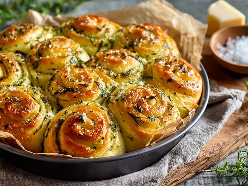 Eine runde Backform mit herzhaften Kräuterschnecken. Die Backform steht auf einem Holzbrett, dass mit einem Küchenhandtuch dekoriert ist. Ringsum verteilt liegen frische Kräuter. Außerdem ist ein Stück Parmesan sowie eine kleine Schale mit grobem Meersalz zu sehen.