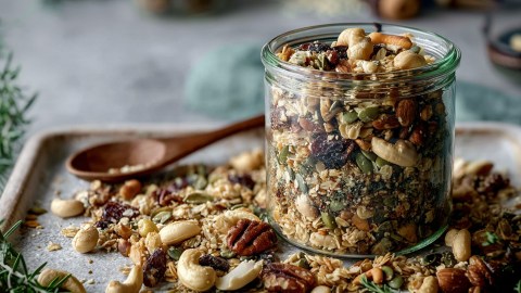 Ein Glas mit herzhaftem Kräuter-Granola. Um das Glas liegt Granoola verstreut. Außerdem sind frischer Rosmarin sowie ein Holzlöffel zu sehen.
