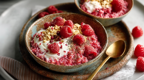 Zwei Schüsseln mit Himbeer-Couscous, eine ist aber nur halb zu sehen. Garniert mit Joghurt, Müsli und frischen Himbeeren.