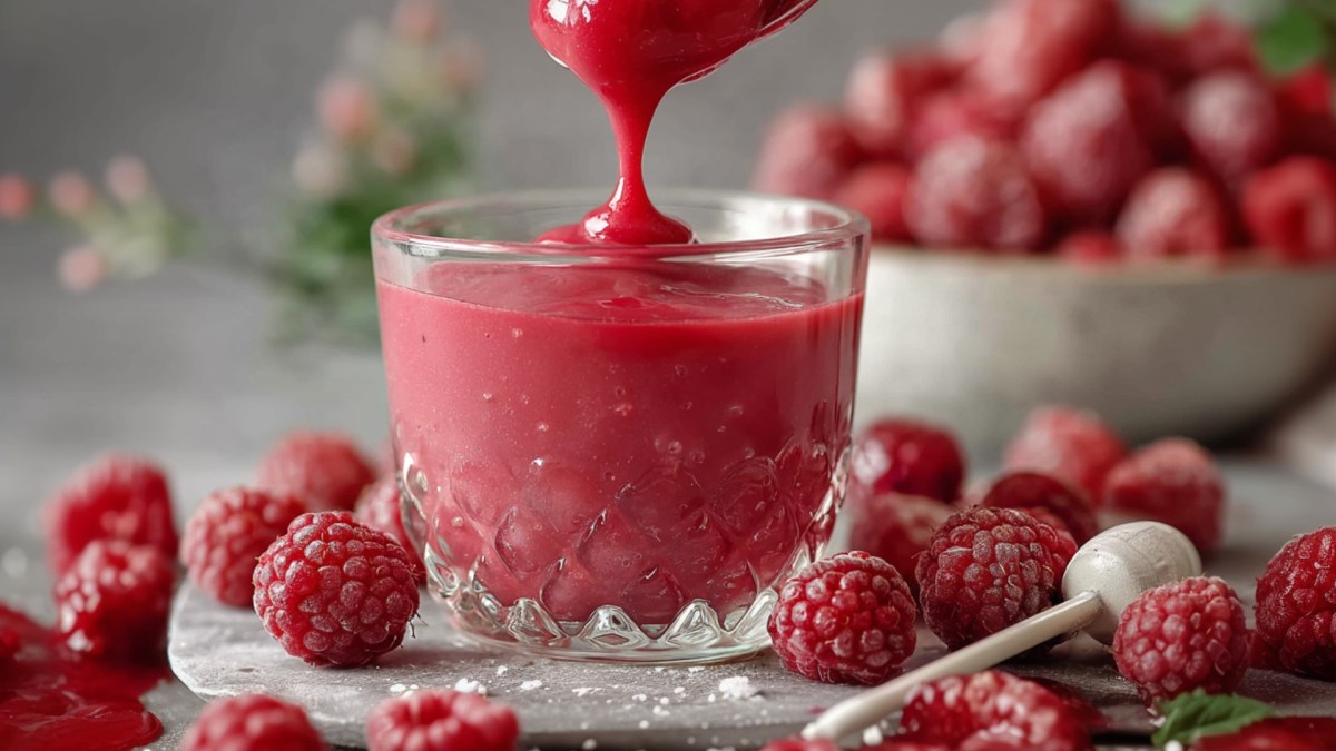 Ein Glas Himbeer-Curd. Daneben und im Hintergrund liegen Himbeeren.