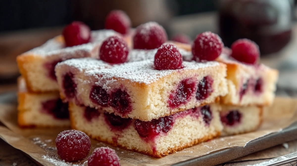 Einige Stücke Himbeer-Schmandkuchen vom Blech, mit Puderzucker bestäubt.