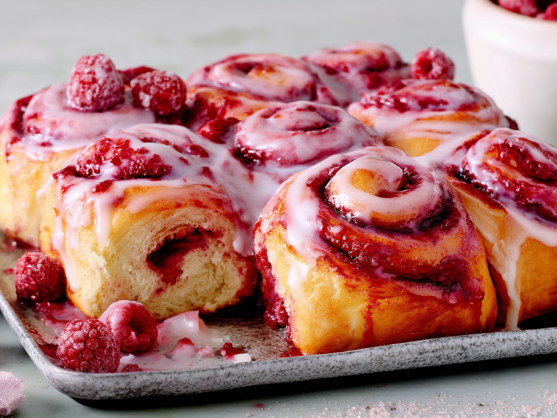 Ein Blech mit saftigen Himbeerschnecken mit Guss.