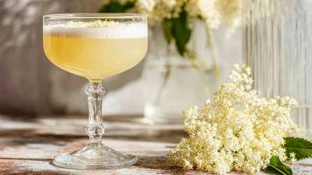 Glas Holunder Gin Sour, Holunderblüte daneben