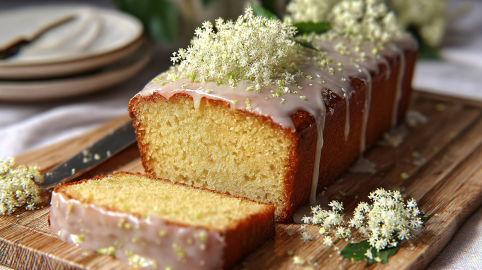 Ein angeschnittener Holunderblütenkuchen aus der Kastenform.