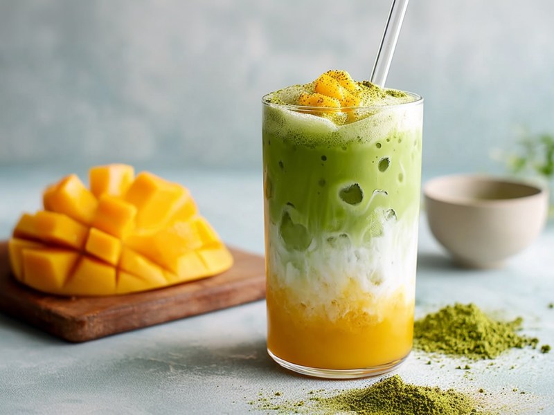 Ein Glas mit Iced-Mango-Matcha-Latte. Im Hintergrund ist eine aufgefächerte Mangohälfte zu sehen. Außerdem kann man eine Schale und ein Häufchen Matcha-Pulver erkennen.