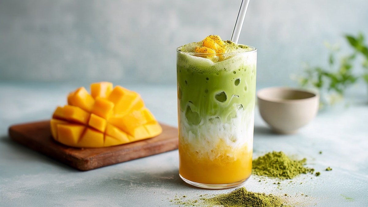 Ein Glas mit Iced-Mango-Matcha-Latte. Im Hintergrund ist eine aufgefächerte Mangohälfte zu sehen. Außerdem kann man eine Schale und ein Häufchen Matcha-Pulver erkennen.