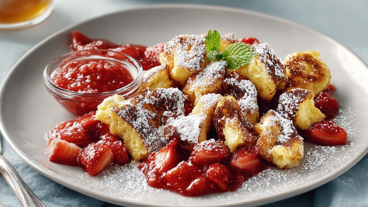 Kaiserschmarrn mit Erdbeerkompott auf einem Teller.