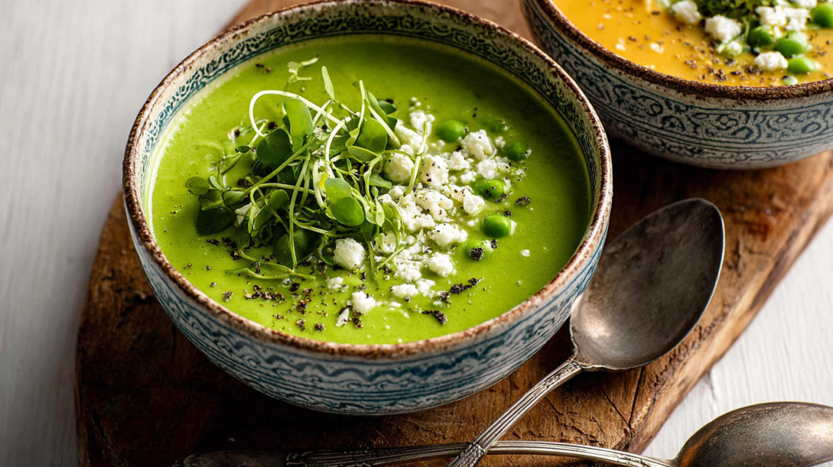 Eine Schüssel kalte Erbsensuppe mit Feta.