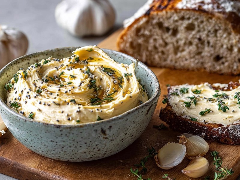 Eine Schale mit karamellisierter Knoblauchbutter, die auf einem Holzbrett mit einem angeschnittenen Sauerteigbrot liegt. Neben der Schale liegt eine Scheibe Brot bestrichen mit der Butter. Ringsum liegen einzelne Zehen Knoblauch genauso wie ganz Knollen.