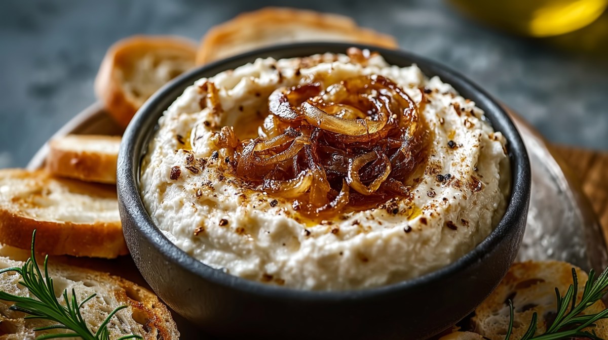 Schale mit karamellisiertem Zwiebel-Dip, Brotscheiben daneben