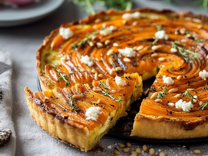 Eine Karotten-Ricotta-Tarte, die mit etwas Feta garniert ist. Die Tarte ist angeschnitten. Im Hintergrund kann man einen Teller mit roten Zwiebeln erahnen. Daneben scheinen frische Kräuter herum zu liegen. Vor der Tarte liegen Pinienkerne verstreut.