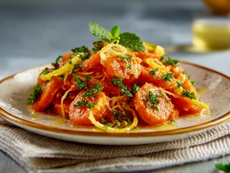 Ein Teller mit Karottensalat mit Salzzitronen, dekoriert mit Minze und Petersilie.