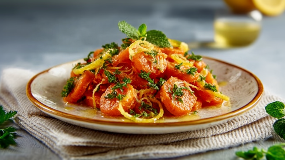 Ein Teller mit Karottensalat mit Salzzitronen, dekoriert mit Minze und Petersilie.