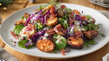 Ein Teller Kartoffelsalat mit Feldsalat, Rotkohl und Honigspeck.