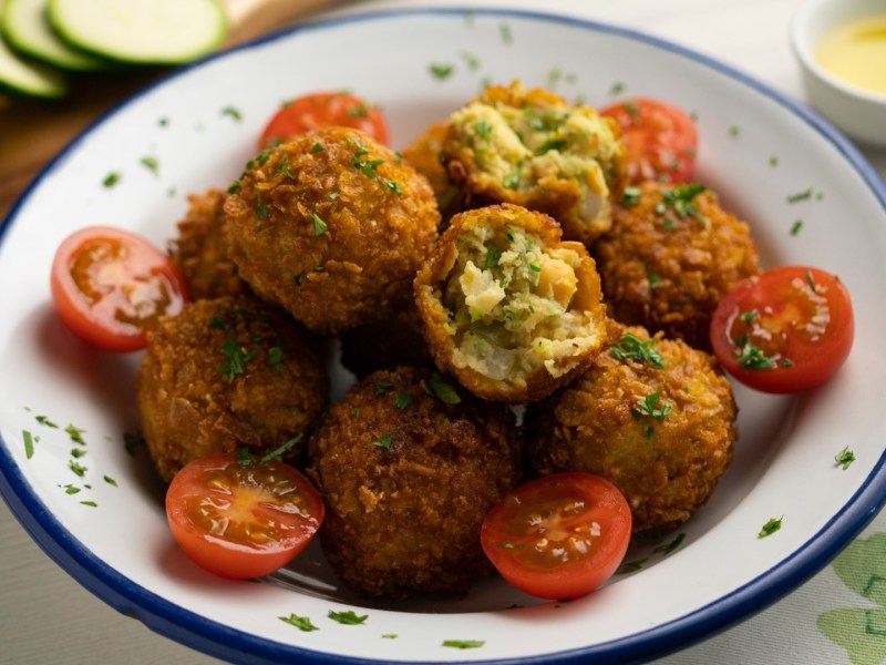 Kichererbsen-Zucchini-Kroketten auf einem tiefen Teller. Drum herum liegen Kirschtomaten.