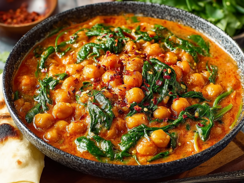 Kichererbsen-Tomaten-Curry in einer Schale, serviert mit Spinat.