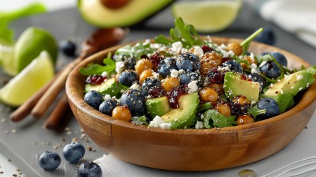 Eine große Salatschüssel aus Holz, die mit Kichererbsensalat mit Blaubeeren gefüllt ist. Ringsum liegen frische Zutaten wie Avocado, Limetten und Blaubeeren herum, genauso wie Holzbesteck.