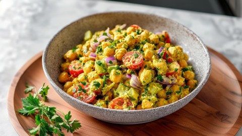 Eine Schüssel Kichererbsensalat mit Curry-Dressing, die auch einem Holzteller steht.