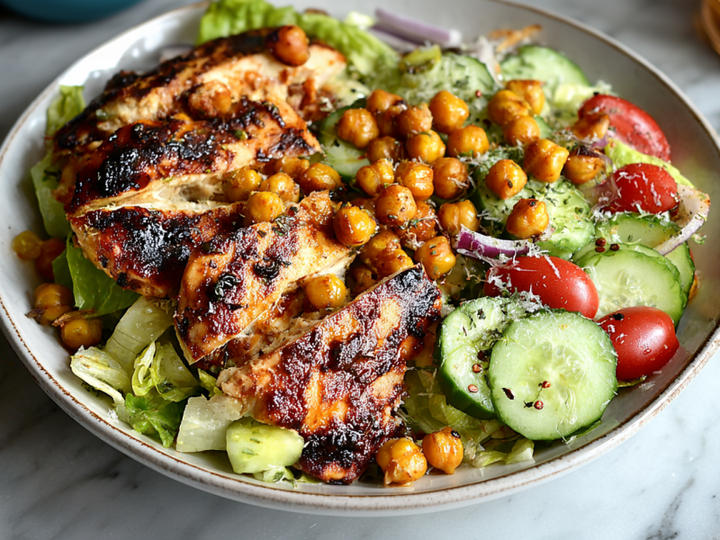 Ein tiefer Teller mit Kichererbsensalat mit gegrilltem Huhn.