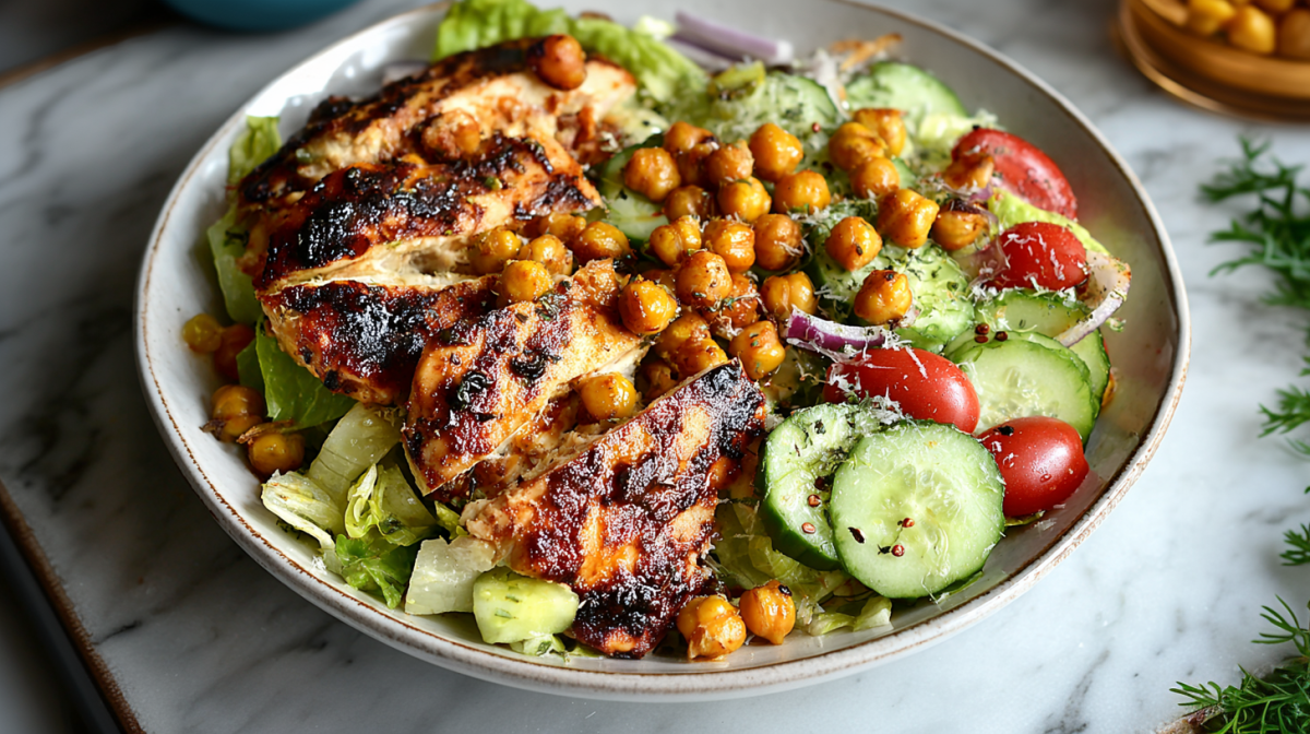 Ein tiefer Teller mit Kichererbsensalat mit gegrilltem Huhn.