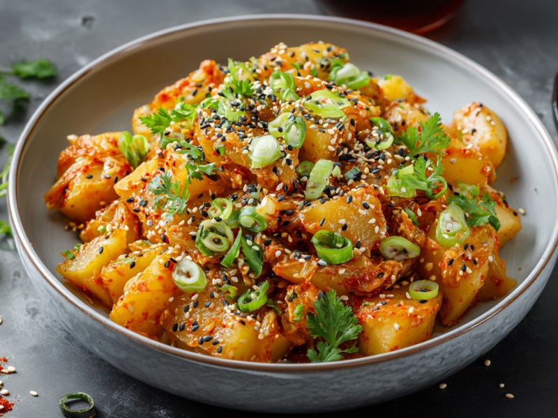Ein Teller mit Kimchi-Kartoffelsalat. Ringsum kann man frischen Koriander, Chili-Gewürz und eine Schale mit Chiliflocken rumliegen bzw. rumstehen sehen.