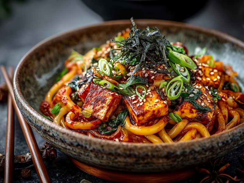 Eine Schale Kimchi-Udon-Fry auf dunklem Untergrund. Links neben der Schale liegen zwei Essstäbchen und eine Schale mit Sojasoße.