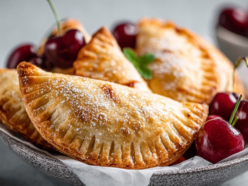 Eine Schale, die mit weißem Backpapier ausgelegt ist und der frisch gebackene Kirsch-Empanadas aus Airfryer liegen. Sie sind mit einigen frischen Kirschen angerichtet.