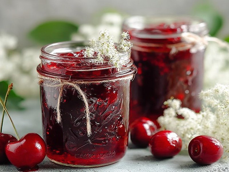 Zwei Einmachgläser mit Kirsch-Holunderblüten-Marmelade. Ringsum liegen einzelne frische Kirschen und mehrere Holunderblüten herum.