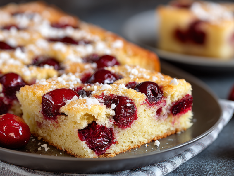 Einige Stücke Kirsch-Joghurt-Kuchen vom Blech.