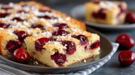 Einige Stücke Kirsch-Joghurt-Kuchen vom Blech.