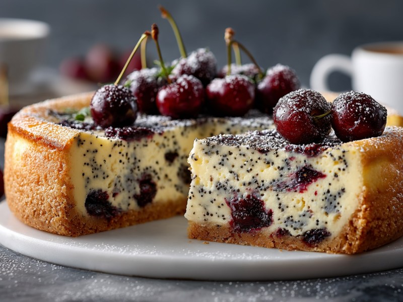 Ein Teller mit einem Kirsch-Mohn-Käsekuchen, der mit einigen frischen Kirschen und etwas Puderzucker dekoriert bzw. garniert ist. Im Hintergrund liegen ebenfalls frische Kirschen herum. Außerdem kann man Kaffeetassen erkennen.