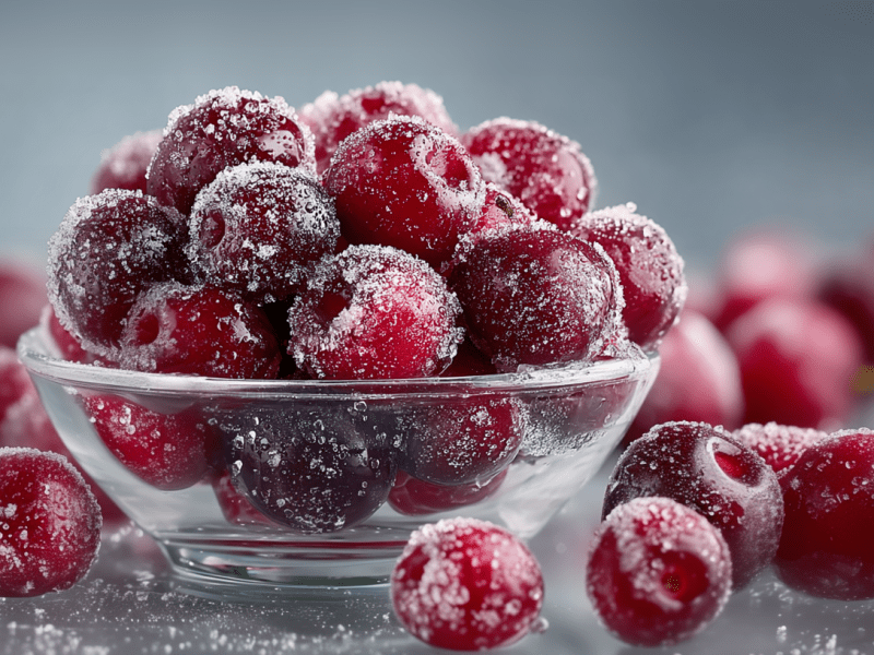 Kirschen einfrieren: Eine Schale mit gefrorenen Kirschen. Darum liegen einzelne gefrorene Kirschen.