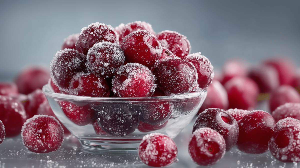 Kirschen einfrieren: Eine Schale mit gefrorenen Kirschen. Darum liegen einzelne gefrorene Kirschen.